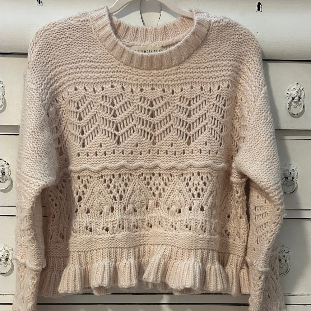 Saltwater LUXE Beige Knit Sweater with Ruffle Detail
